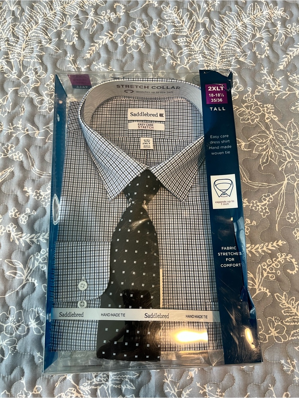 Saddlebred Blue and White Check Stretch-Collar Dress Shirt with Tie